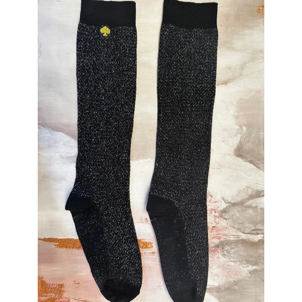 Kate Spade New York Black Silver Metallic Glitter Crew Women's Socks Gold Logo
